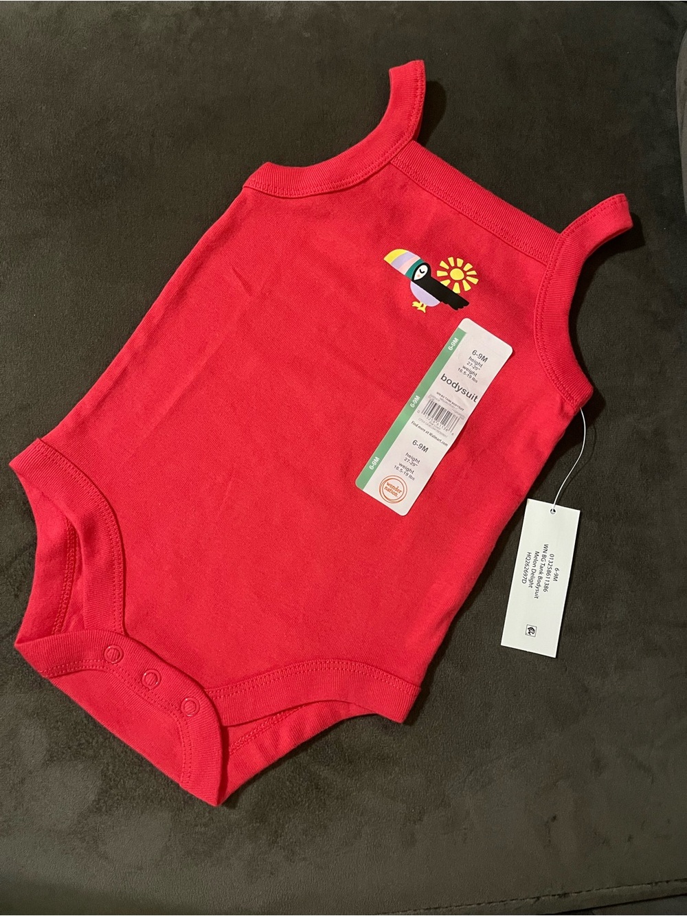 Red Sleeveless Baby One-Piece Bodysuit with Toucan Print